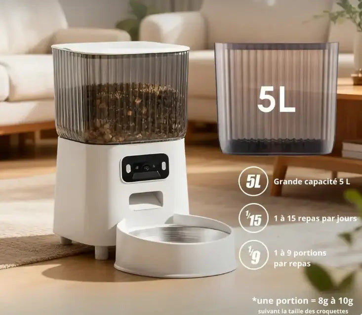 Distributeur automatique de nourriture pour chat et chien 5L WiFi – Programmable avec bol inox