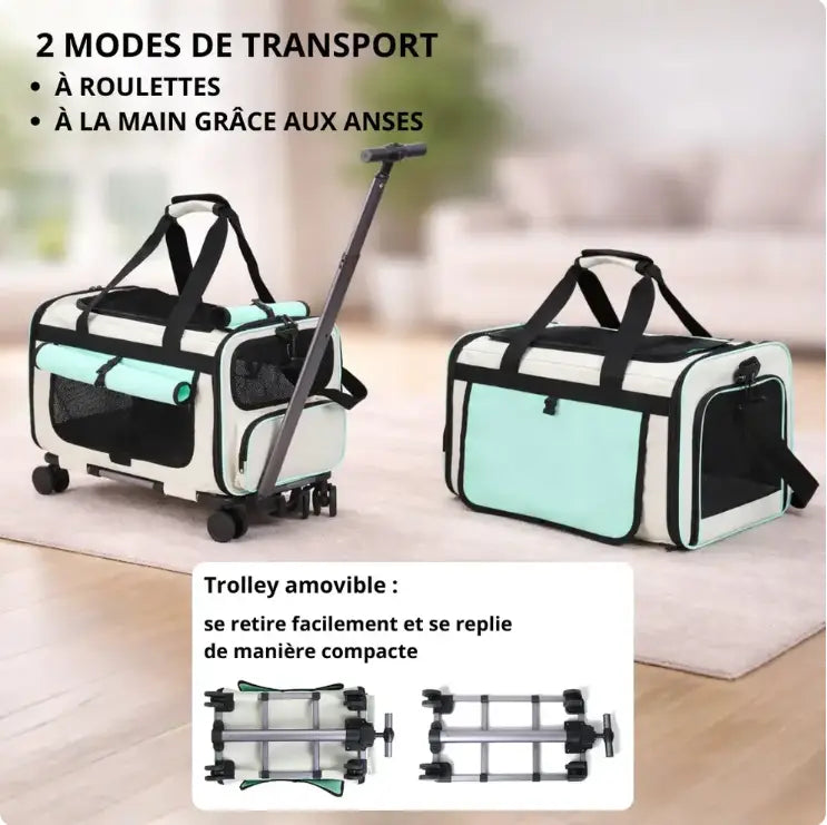 Sac de Transport pour Chat et Chien -Trolley à Roulettes Convertible