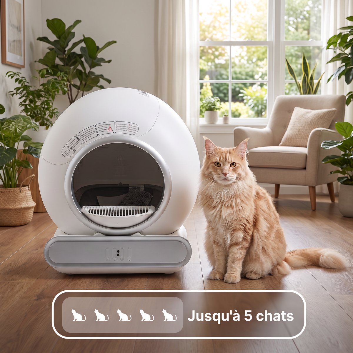 Litière automatique adaptée jusqu'à cinq chats